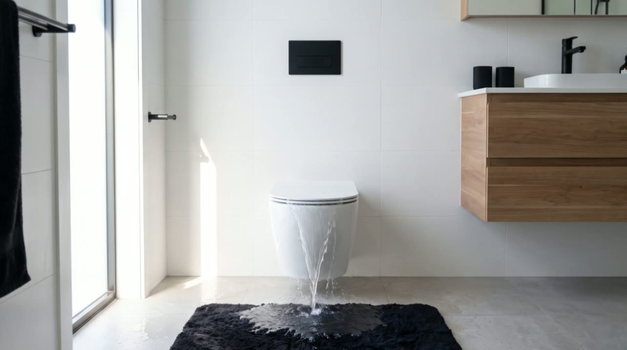 A leak flowing from a toilet onto a bathroom floor
